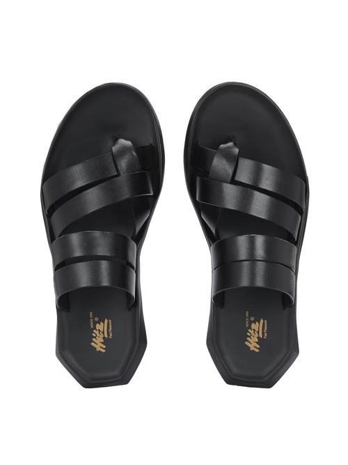 HITZ Men's Black Leather Casual Daily Wear Slippers