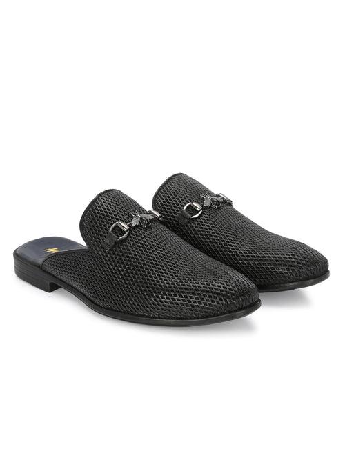 Hitz Men's Black Leather Half Shoes Ethnic Wear Mule Shoes