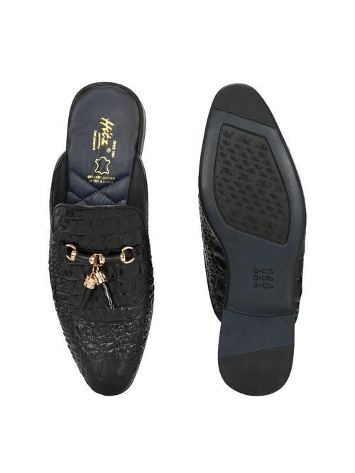 Hitz Men's Black Leather Half Shoes Ethnic Wear Mule Shoes