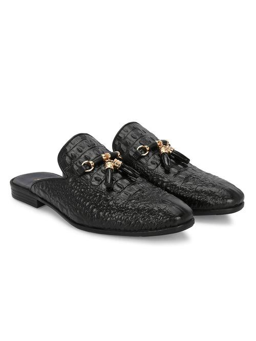 Hitz Men's Black Leather Half Shoes Ethnic Wear Mule Shoes