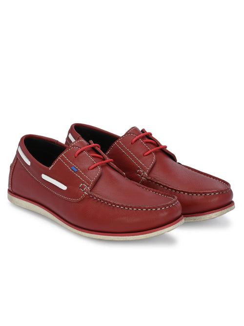 HITZ701 Men's Red Leather Boat Lace-Up Shoes