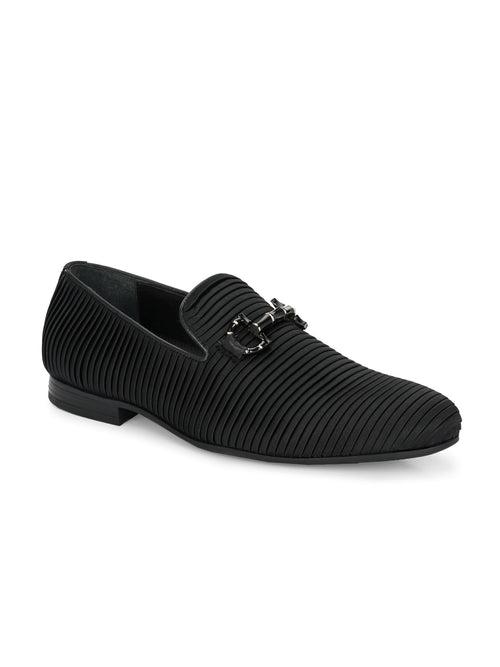 Hitz Men's Black Fabric_Leather Party Wear Shoes