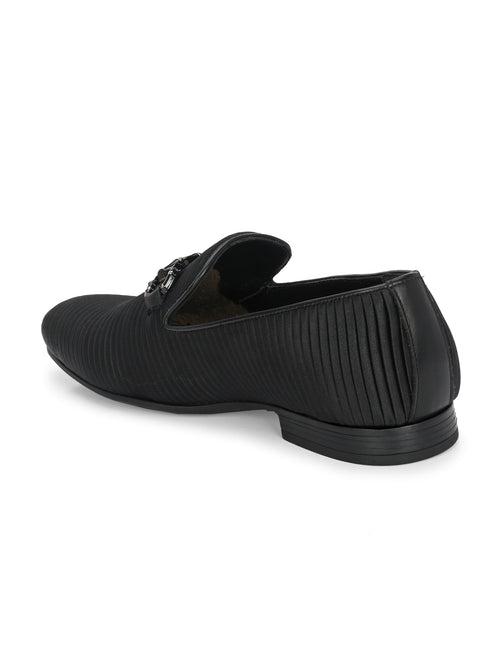 Hitz Men's Black Fabric_Leather Party Wear Shoes