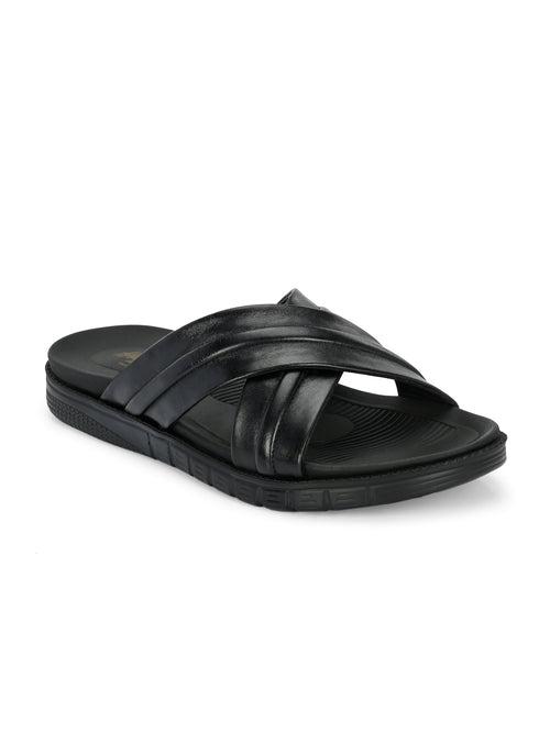 Hitz Men's Black Leather Indoor Outdoor Open Toe Slippers