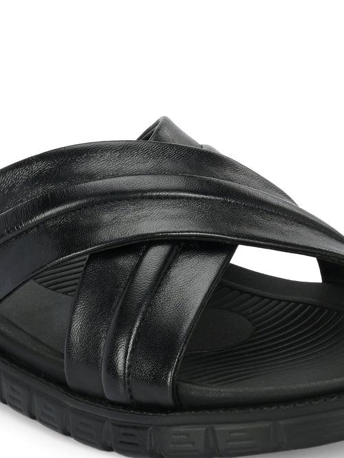 Hitz Men's Black Leather Indoor Outdoor Open Toe Slippers