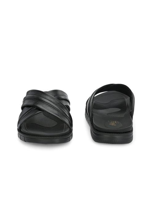 Hitz Men's Black Leather Indoor Outdoor Open Toe Slippers