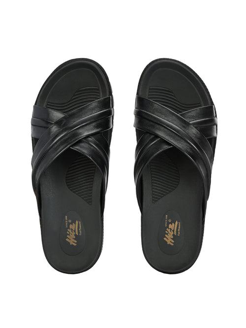 Hitz Men's Black Leather Indoor Outdoor Open Toe Slippers