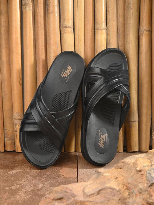 Hitz Men's Black Leather Indoor Outdoor Open Toe Slippers