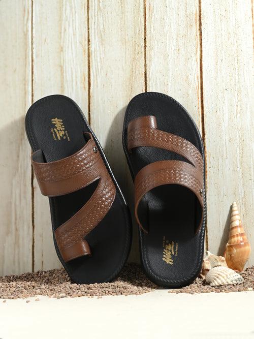 Hitz Men's Tan Leather Daily Wear Slippers