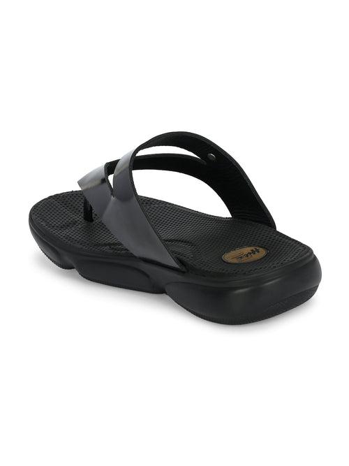 Hitz Men's Black Leather Open Toe Comfort Slippers