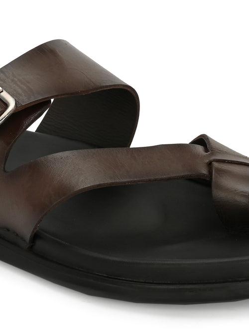Hitz Men's BrownLeather Toe Ring Casual Slippers