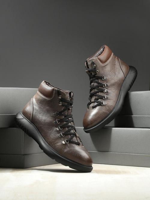 Hitz Men's Brown Leather Casual Lace Up Boots