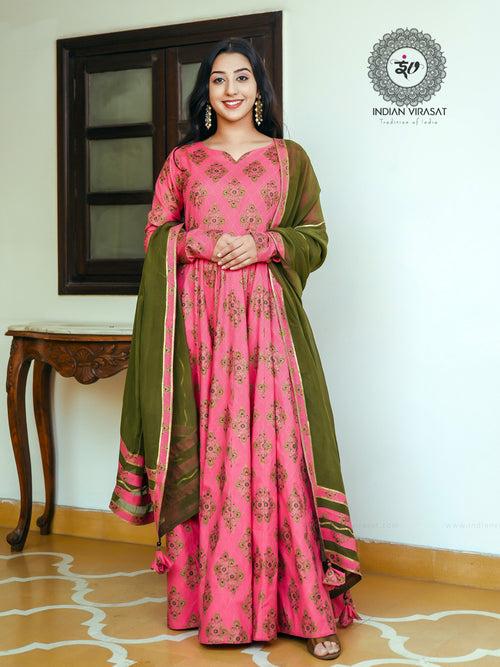 Fusica Pink Anarkali with Dark Fern Dupatta