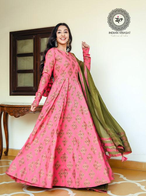 Fusica Pink Anarkali with Dark Fern Dupatta