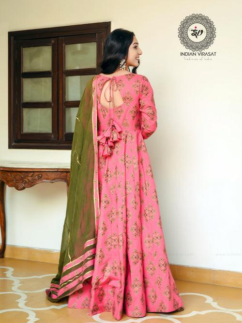 Fusica Pink Anarkali with Dark Fern Dupatta