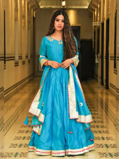 Srivalli Cyan Blue Chanderi Embroidered Anarkali