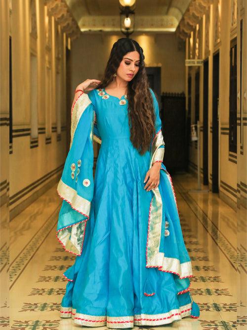 Srivalli Cyan Blue Chanderi Embroidered Anarkali