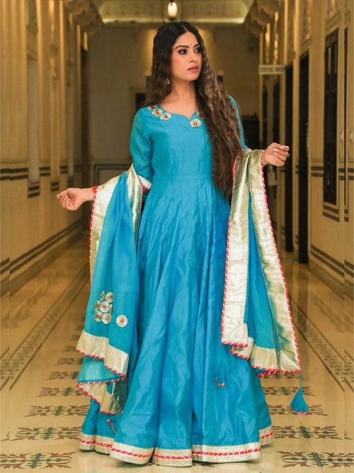 Srivalli Cyan Blue Chanderi Embroidered Anarkali