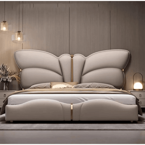 Luxurious Butterfly Wing Upholstered King Bed With Plush Padded Headboard