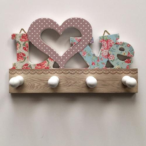 Love Flower Design Wooden Wall Hanging Key Holder with 4 Hooks -1 PC-BY APT