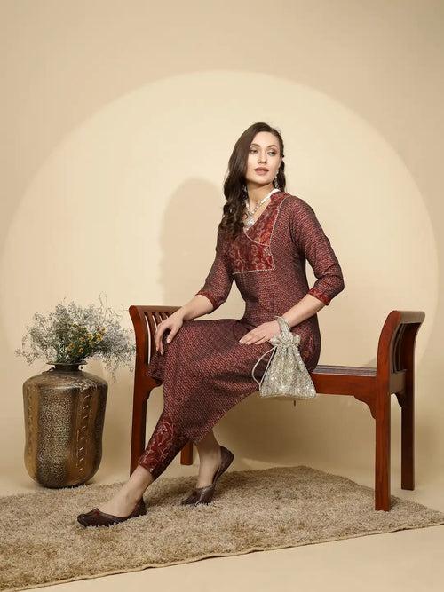 Maroon Cotton Blend Regular Fit Kurta Set For Women