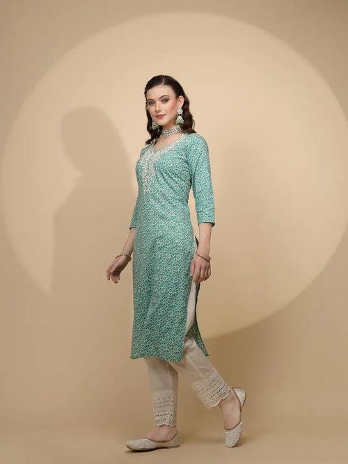 Green Cotton Regular Fit Suit Set For Women