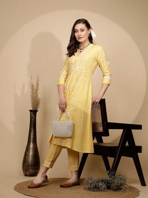 Yellow Cotton Regular Fit Kurta Set For Women