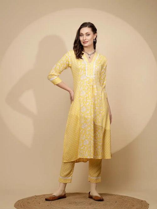 Yellow Cotton Regular Fit Kurta Set For Women