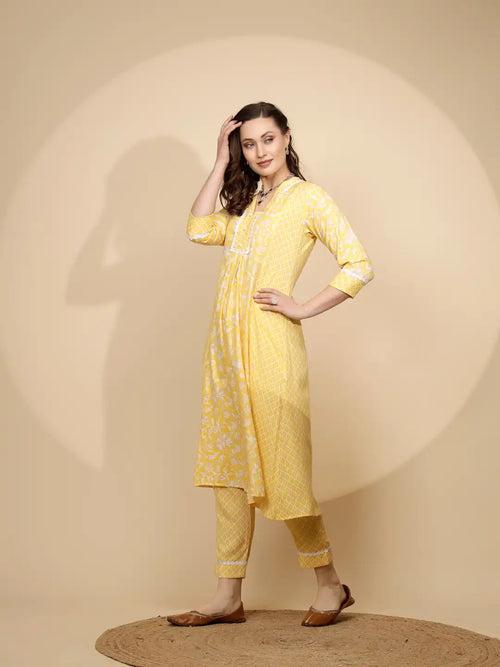 Yellow Cotton Regular Fit Kurta Set For Women