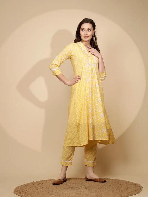 Yellow Cotton Regular Fit Kurta Set For Women