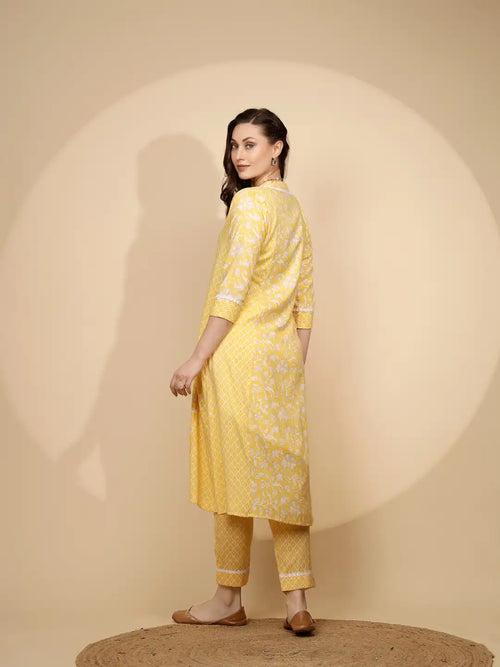 Yellow Cotton Regular Fit Kurta Set For Women