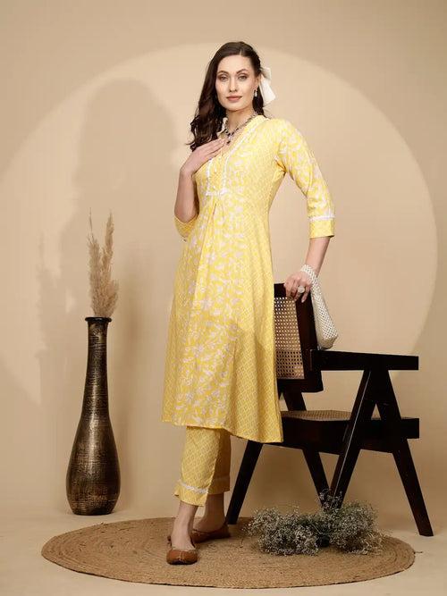 Yellow Cotton Regular Fit Kurta Set For Women