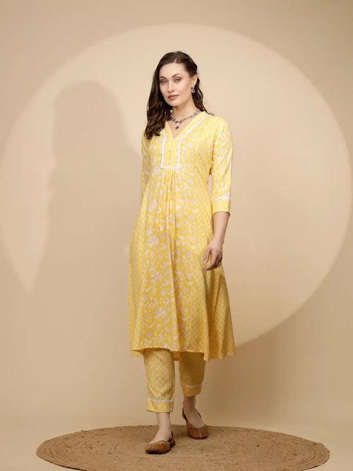 Yellow Cotton Regular Fit Kurta Set For Women