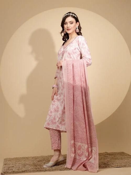 Pink Cotton Regular Fit Suit Set For Women