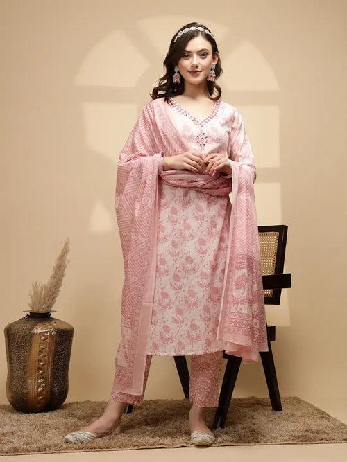 Pink Cotton Regular Fit Suit Set For Women