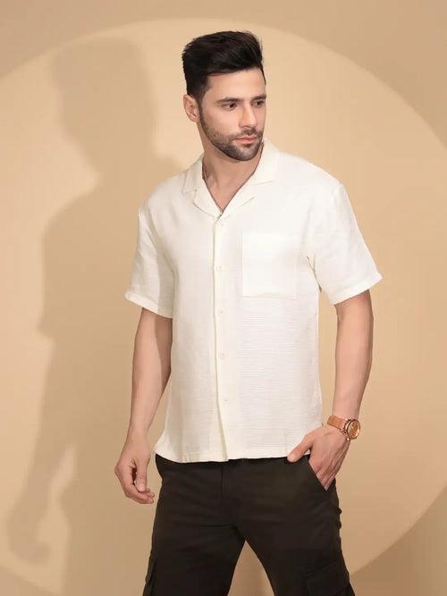 Cream Cotton Regular Fit Shirt For Mens