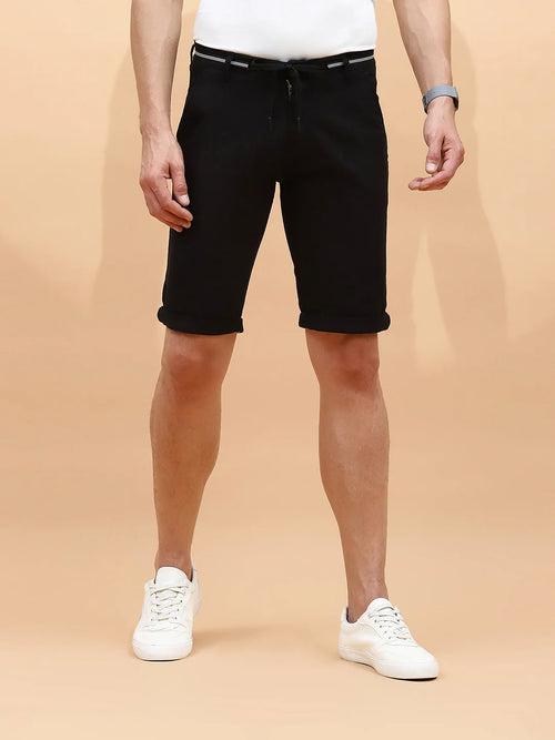 Black Cotton Blend Regular Fit Shorts For Men