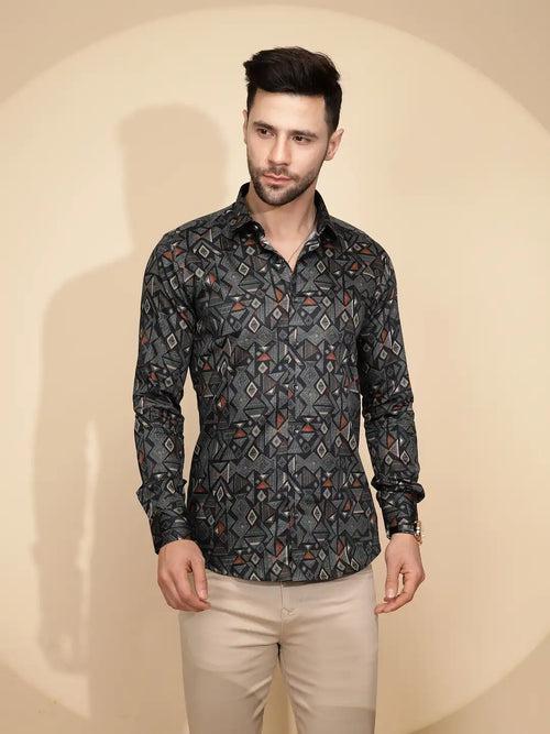 Teal Aztec Cotton Regular Fit Shirt For Mens