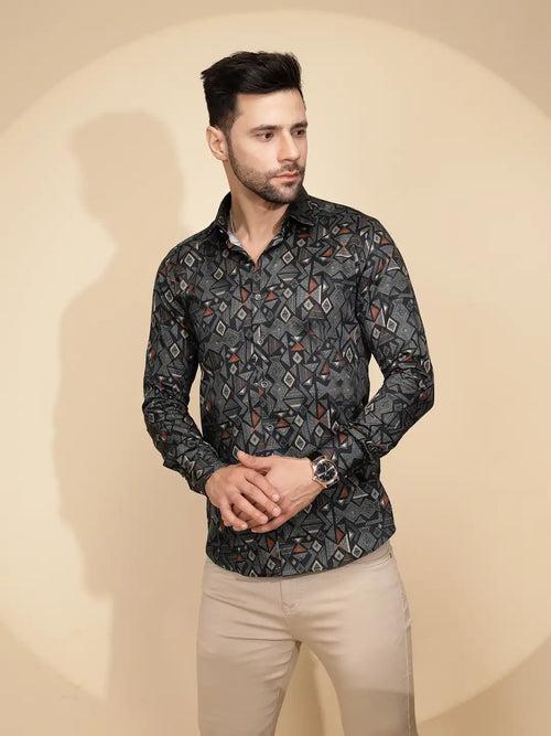 Teal Aztec Cotton Regular Fit Shirt For Mens