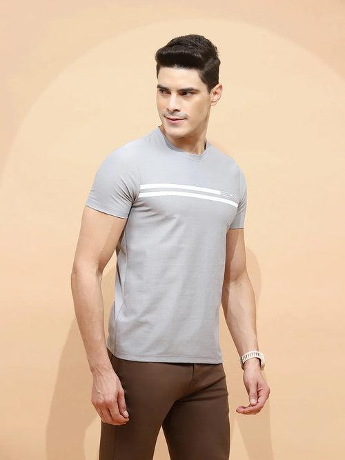 Grey Cotton Blend Regular Fit T-Shirt For Men