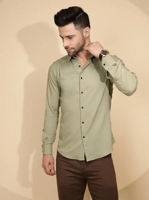 Olive Polyester Blend Tailored Fit Shirt For Men