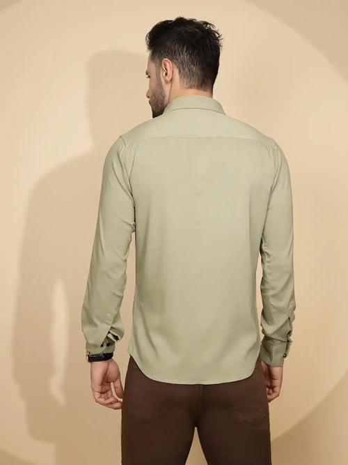 Olive Polyester Blend Tailored Fit Shirt For Men