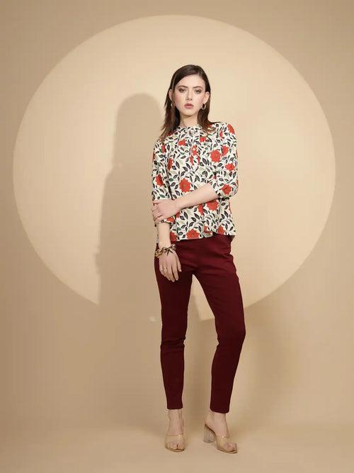 Red Cotton Regular Fit Blouson Top For Women