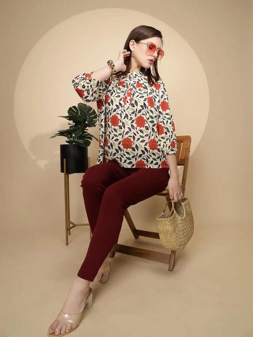 Red Cotton Regular Fit Blouson Top For Women