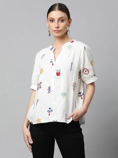 White Cotton Regular Fit Blouson Top For Women