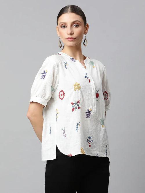 White Cotton Regular Fit Blouson Top For Women