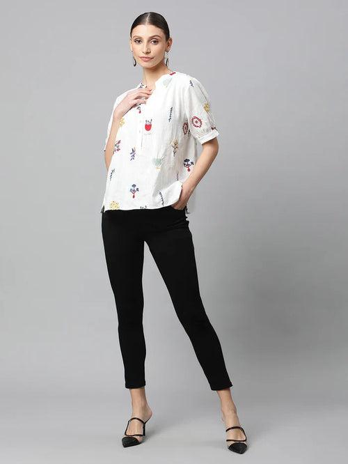 White Cotton Regular Fit Blouson Top For Women