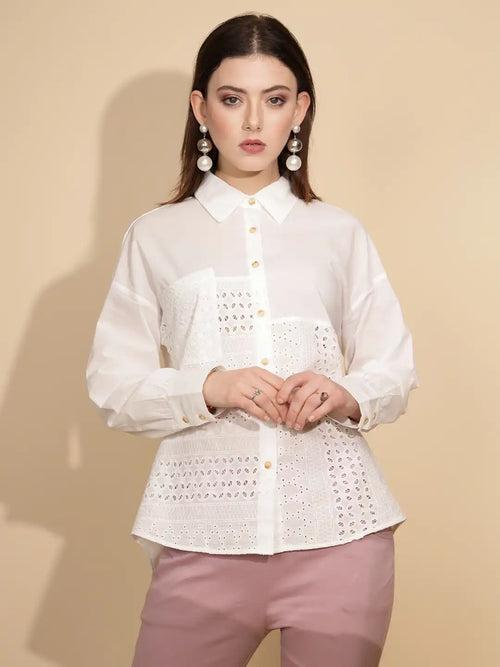 White Cotton Regular Fit Shirt For Women