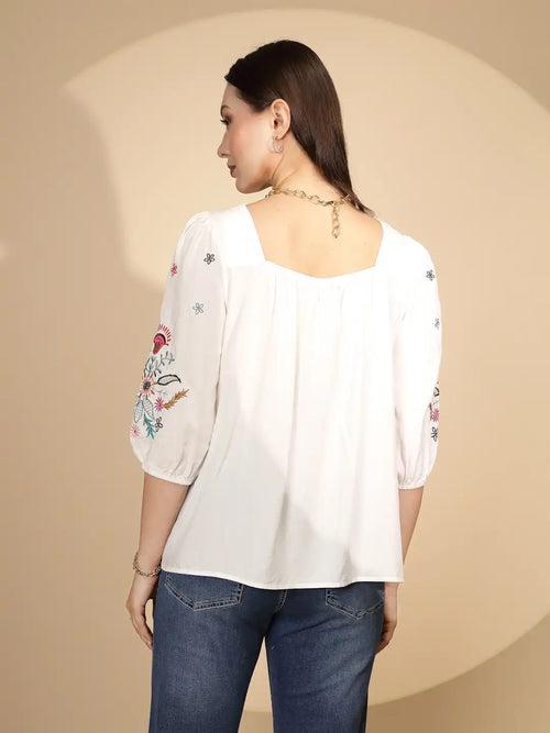 White Cotton Regular Fit Blouson Top For Women