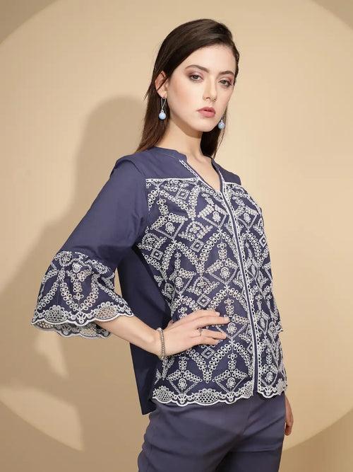 Navy Cotton Regular Fit Blouson Top For Women